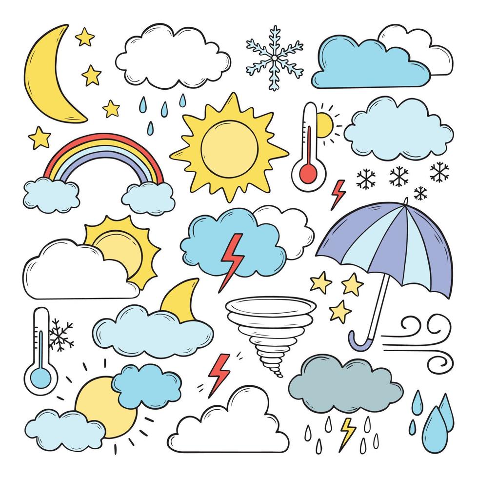 Set of weather doodles. Sun, moon, cloud, rainbow, wind, star, lightning, snowflake, thermometer in sketch style. Hand drawn vector illustration isolated on white background.