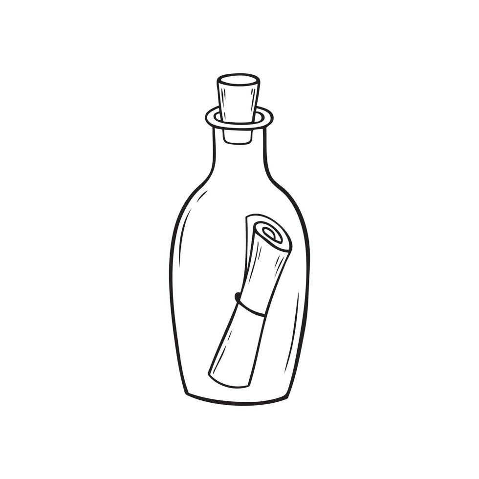 botella con un mensaje en el interior en estilo doodle. botella de vidrio con un pergamino atado con una cinta en su interior. Ilustración de vector dibujado a mano aislado sobre fondo blanco.