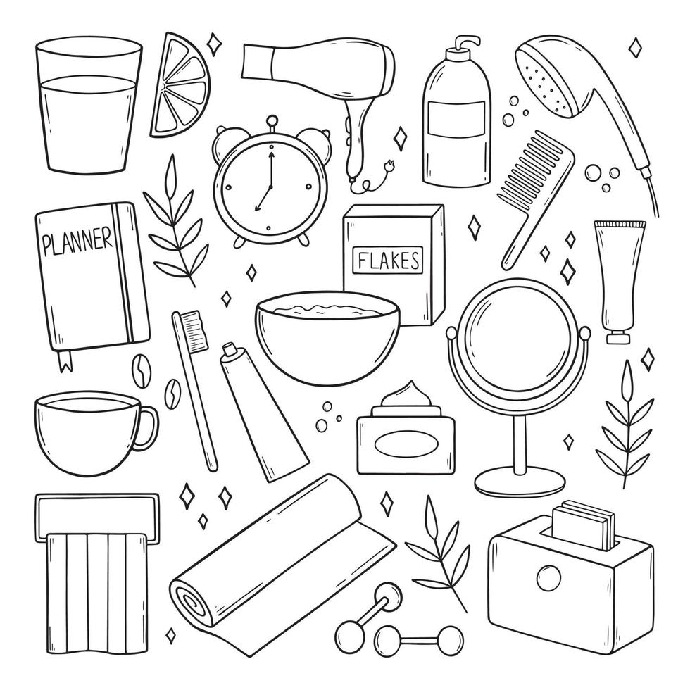 Set of morning routine doodles. Planning, drinking lemon water, fitness, shower, breakfast, beauty rituals in sketch style.  Hand drawn vector illustration isolated on white background.