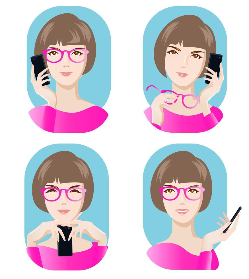 retrato de una niña con gafas con un teléfono móvil, un teléfono inteligente en diferentes poses. imagen en color, conjunto de perfiles. vector