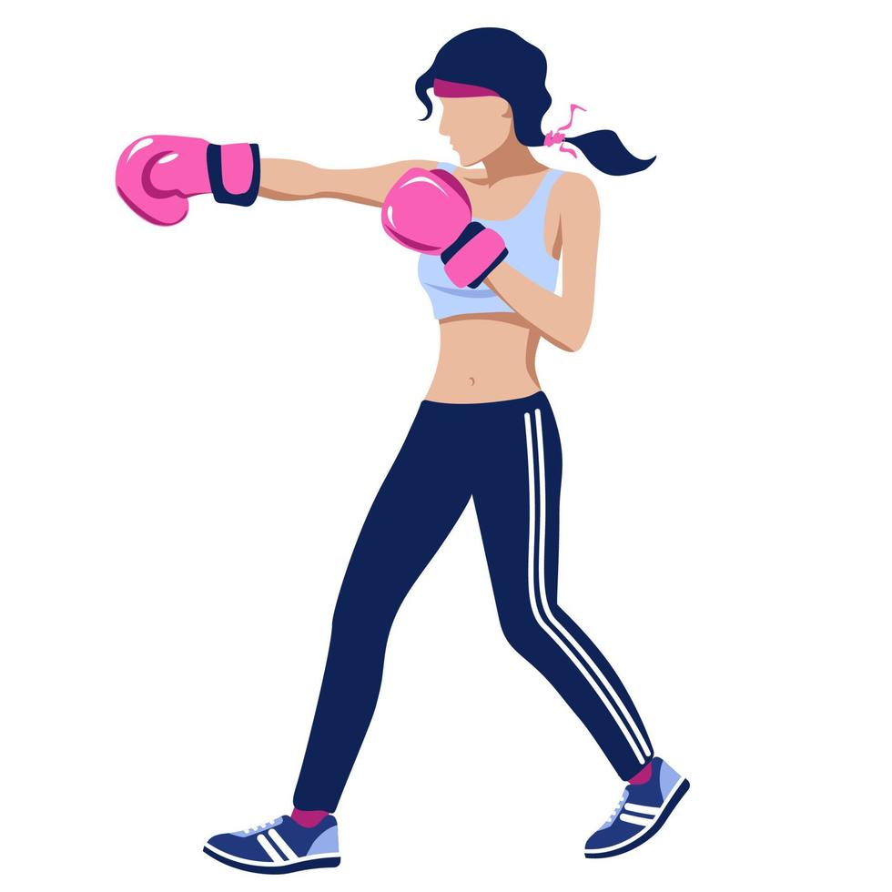 mujer joven en guantes de boxeo rosas. Ilustración de boxeo femenino, deportes y estilo de vida saludable. vector
