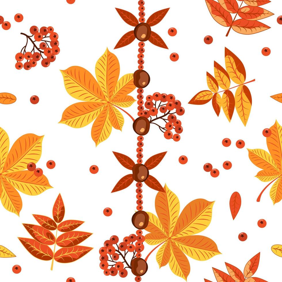 Autumn colorful seamless pattern on a white background. Autumn yellow and red foliage of trees, chestnuts, rowan berries. vector