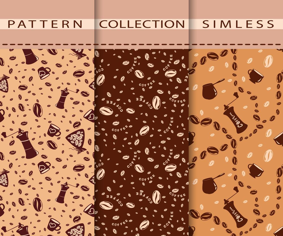 Seamless patterns of coffee beans, cups, coffee grinder, coffee maker. vector