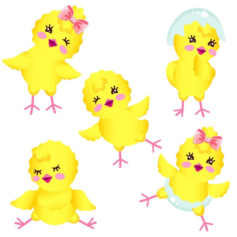 Cheerful chickens with bow and eggshell. vector