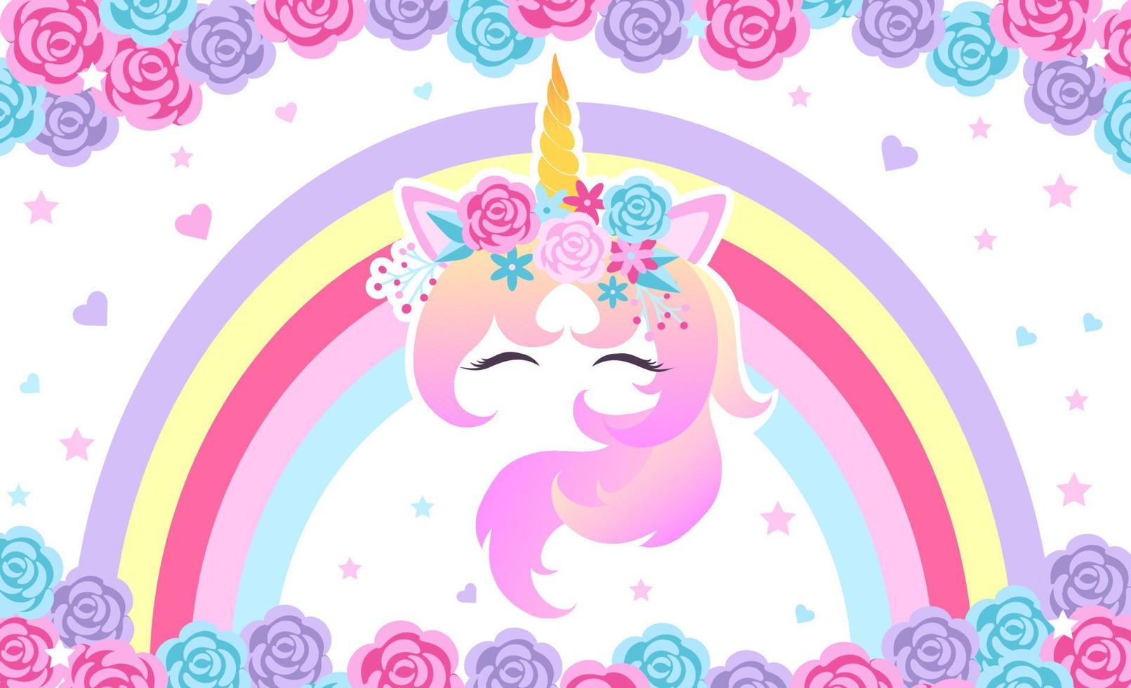 Fantasy blue and pink background with the head of a magical unicorn with closed eyes, rainbow, hearts and stars. Template for design and decoration. vector