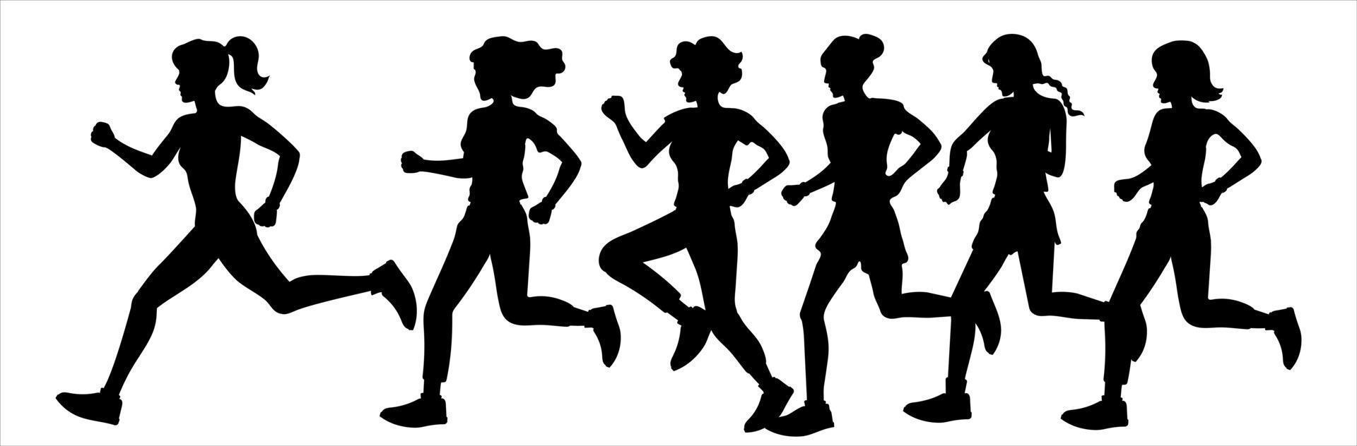 las niñas y las mujeres corren en un maratón, trotando. siluetas negras sobre un fondo blanco. Ilustración de deportes y estilo de vida saludable. vector