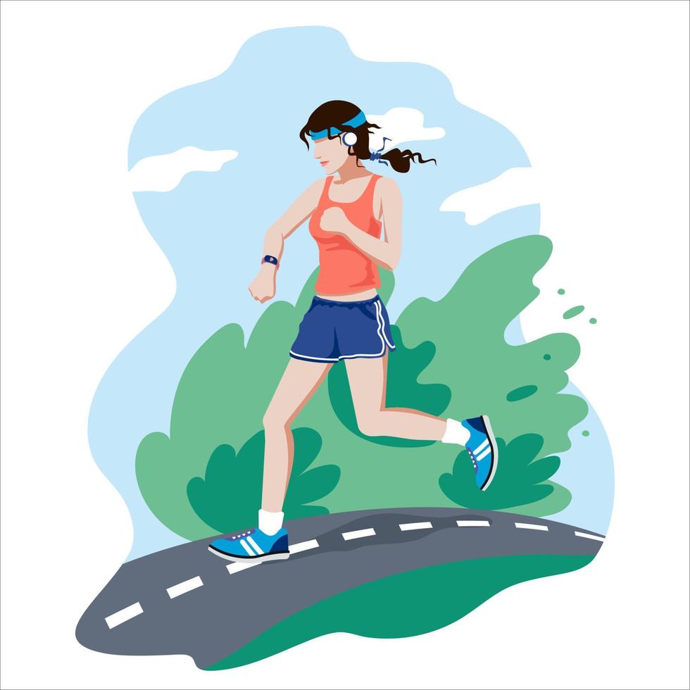 The girl runs along the road in headphones with a fitness bracelet. Illustration of doing sports in nature and a healthy lifestyle. vector