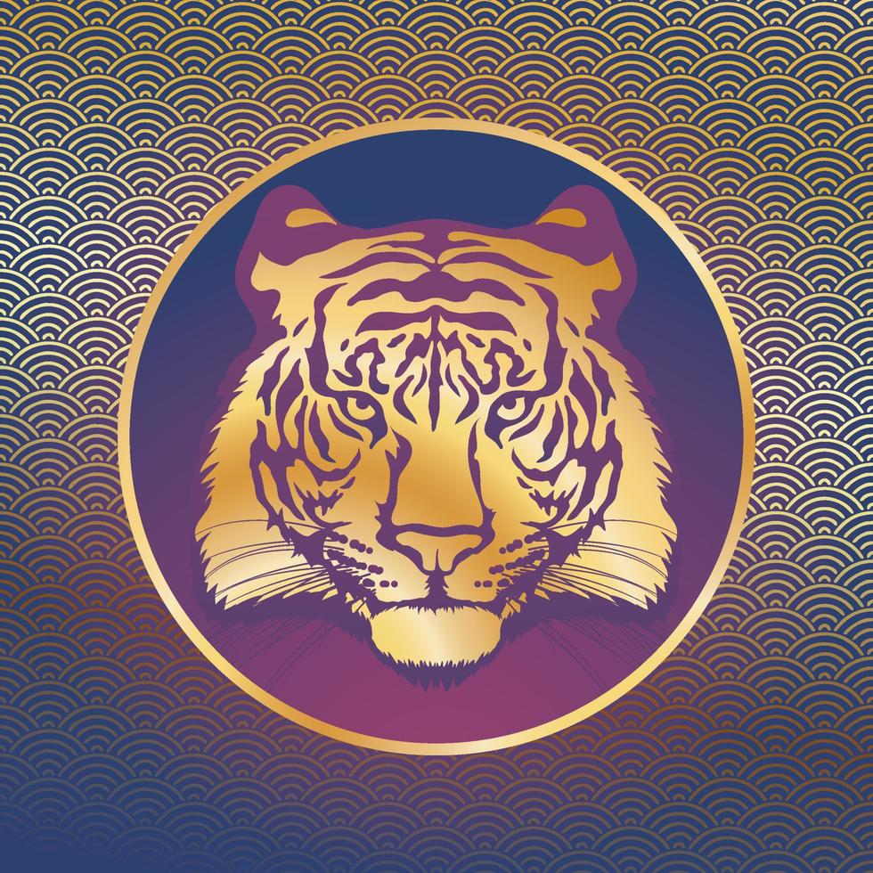 Tiger head. Gold silhouette of a tiger head on a blue background with a pattern. vector