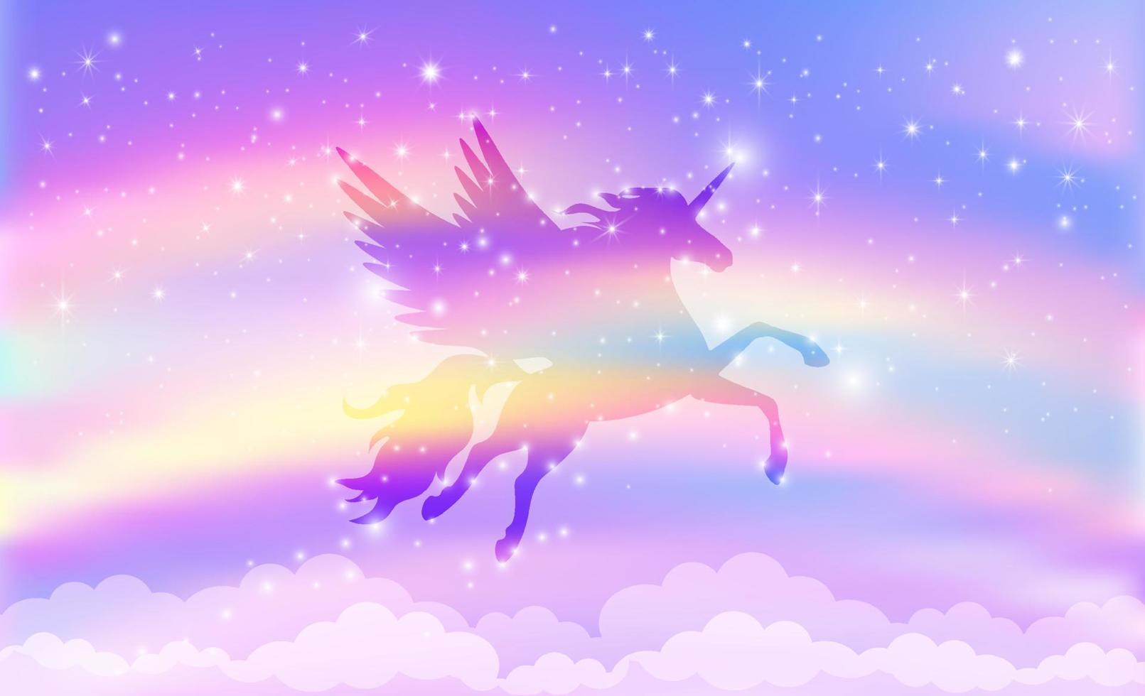 Silhouette of a unicorn flies against the background of a rainbow sky with stars. Vector illustration.