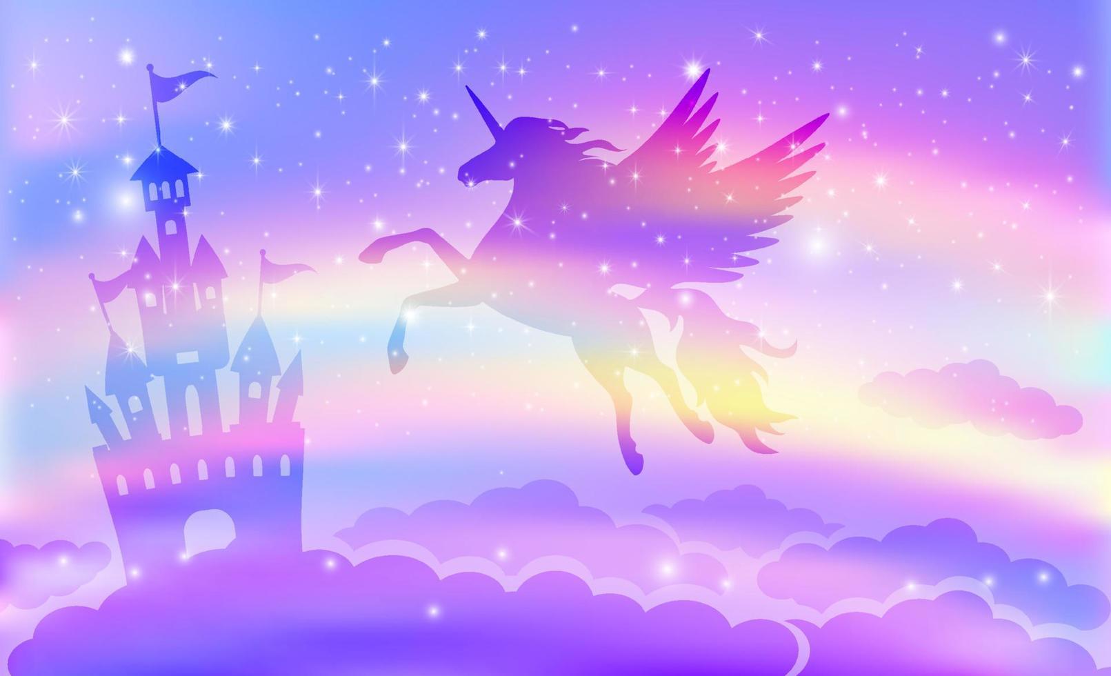 Fondo de fantasía de un castillo mágico con unicornio volador, arco iris y estrellas brillantes. vector