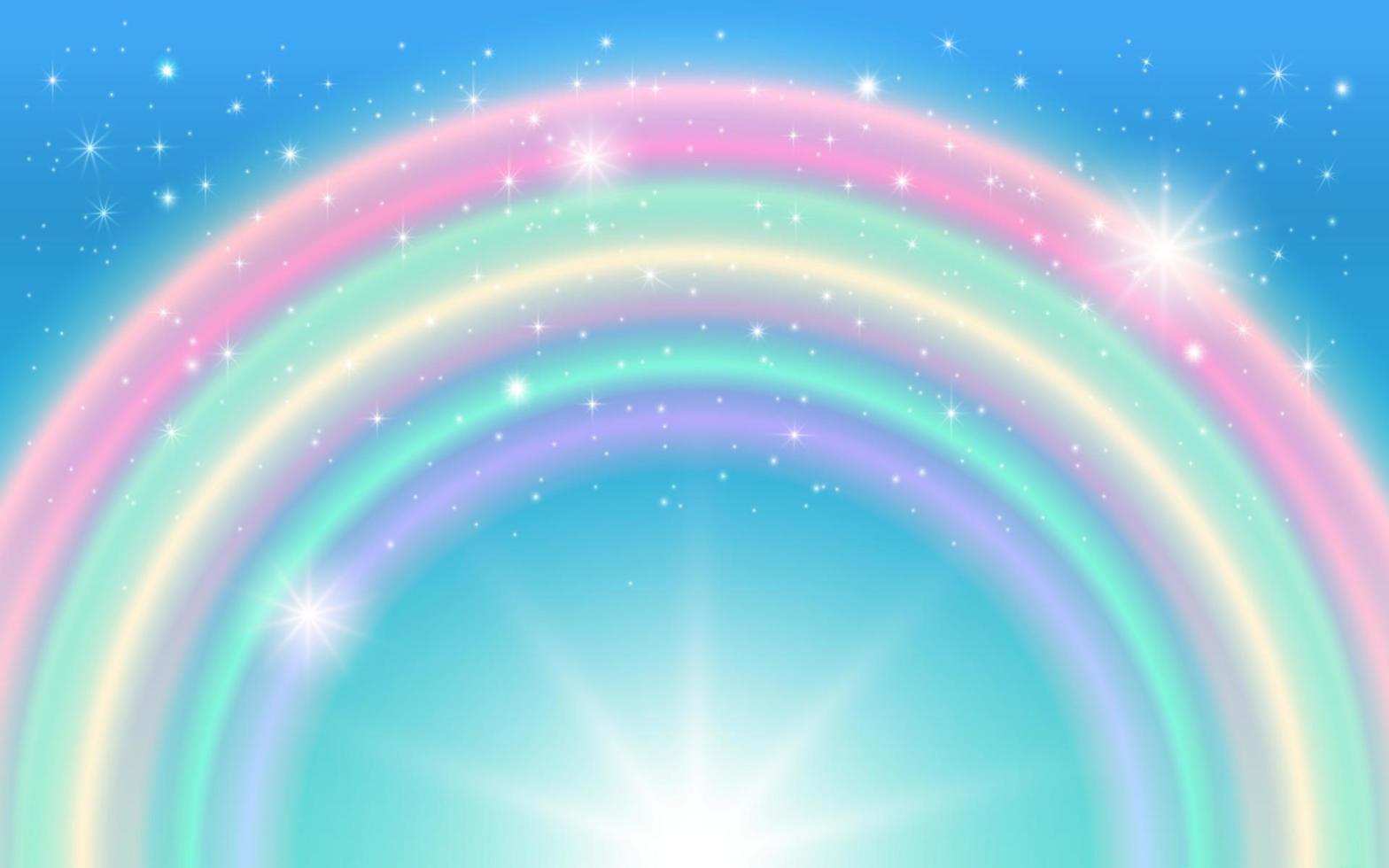 Fantasy background of magic sky, rainbow and sparkling stars. Vector illustration for children.