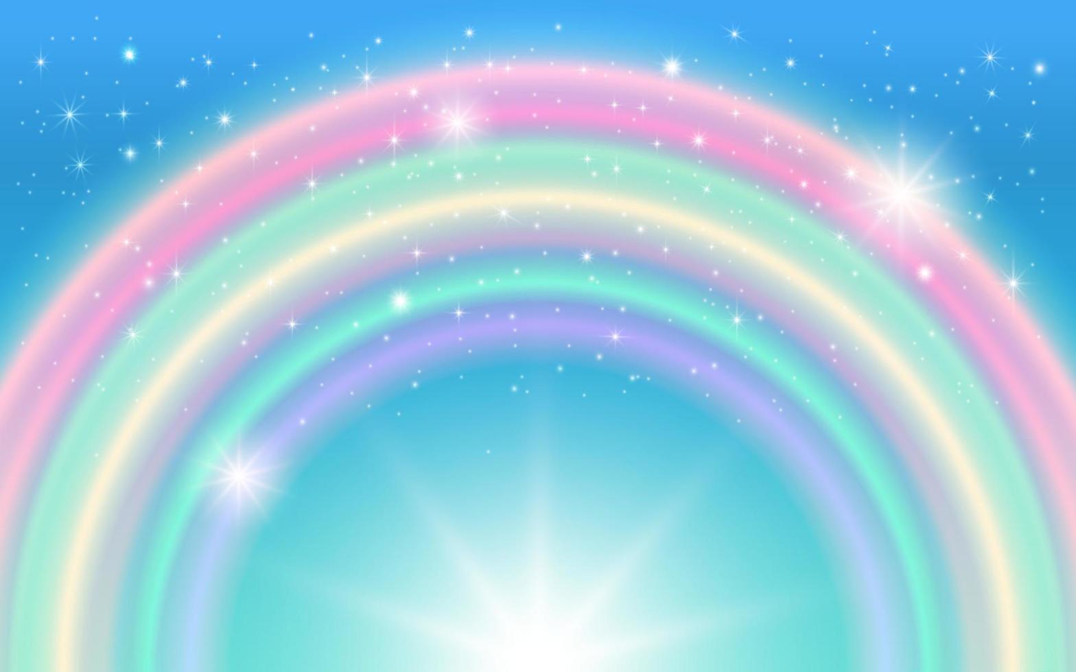 Fondo de fantasía de cielo mágico, arco iris y estrellas brillantes. ilustración vectorial para niños. vector