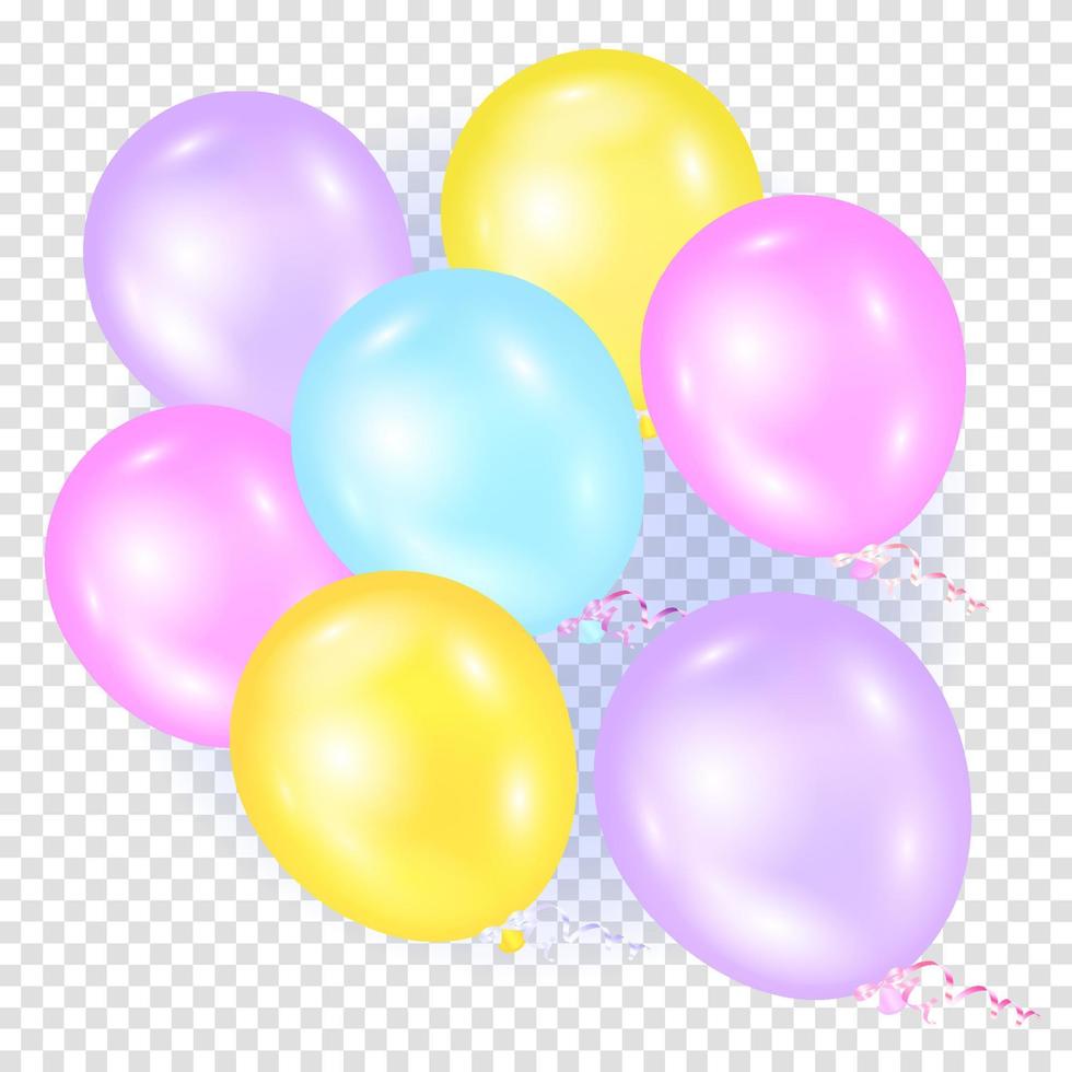 Set of flying glossy multicolored balloons. Group of purple, pink, yellow, blue balls. Vector illustration on a transparent background.