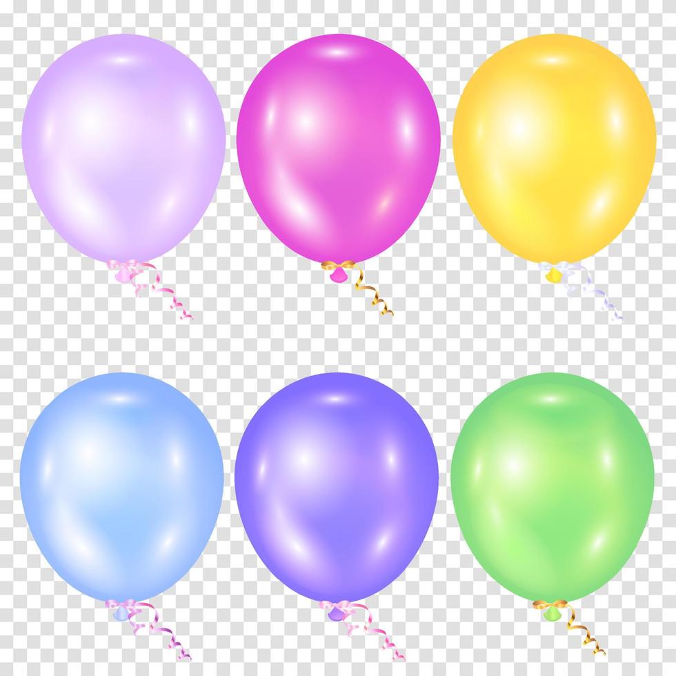 Set of realistic glossy multicolored balloons. Purple, pink, yellow, green, blue balls. Vector illustration on a transparent background.