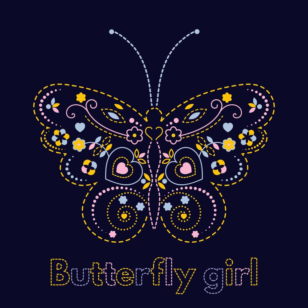 Vector illustration of a stylized, decorative color butterfly with a floral pattern.The image is isolated from the background.