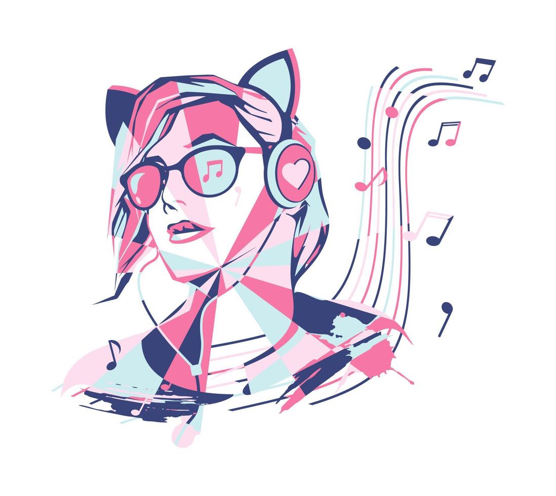 Girl in big headphones listening to music. An abstract image of a music lover, love of music, notes and sound. vector