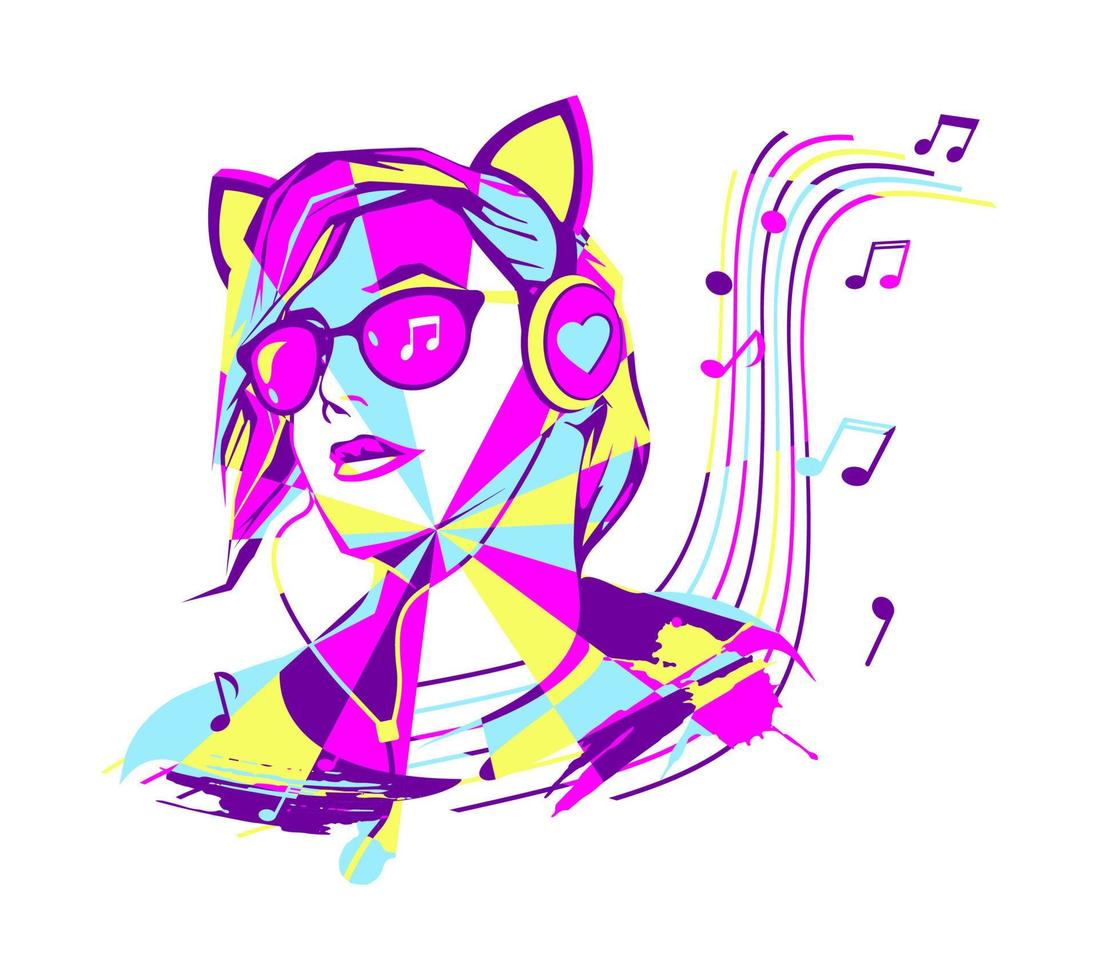 Girl in big headphones listening to music. An abstract image of a music lover, love of music, notes and sound. vector
