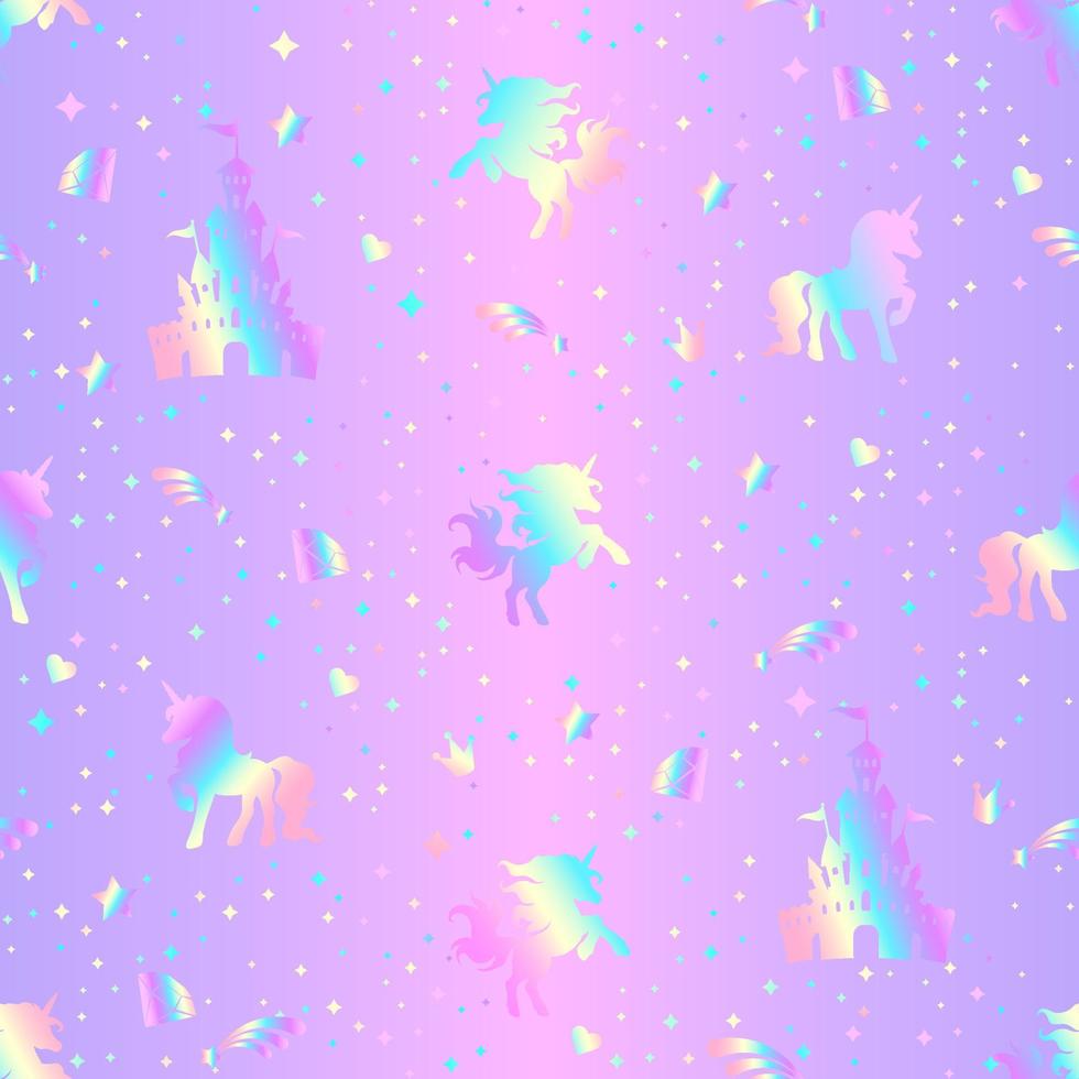 Rainbow seamless pattern with unicorns, hearts, crowns and stars on a holographic background. vector