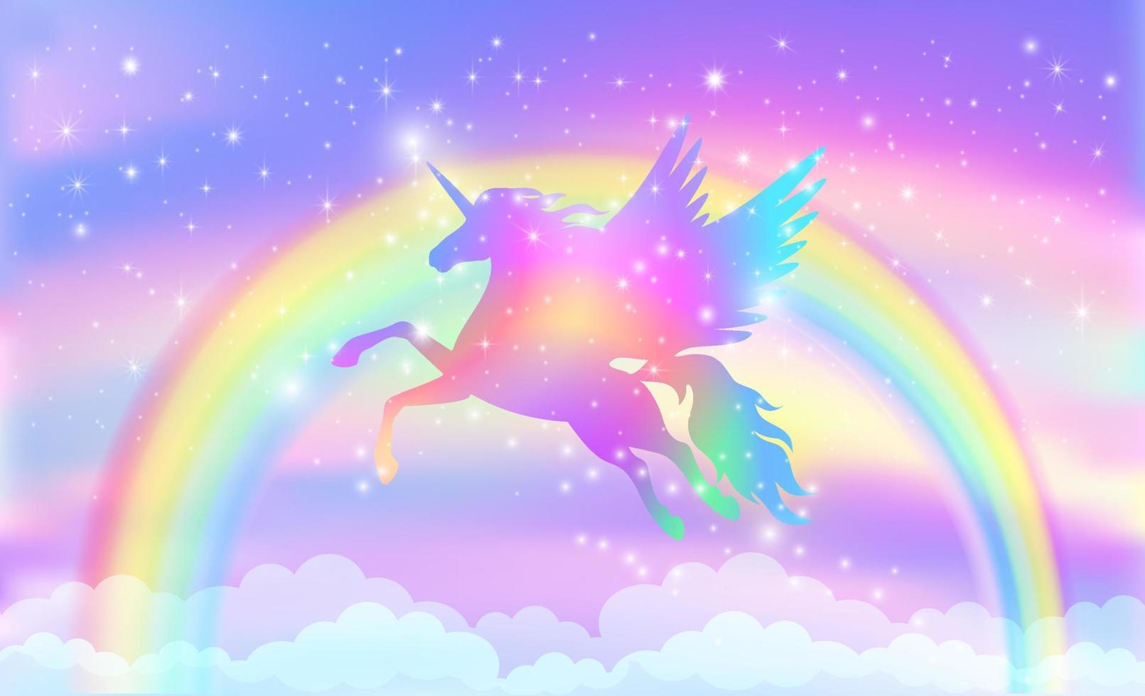 Fondo de arco iris con silueta de unicornio alado con estrellas. vector