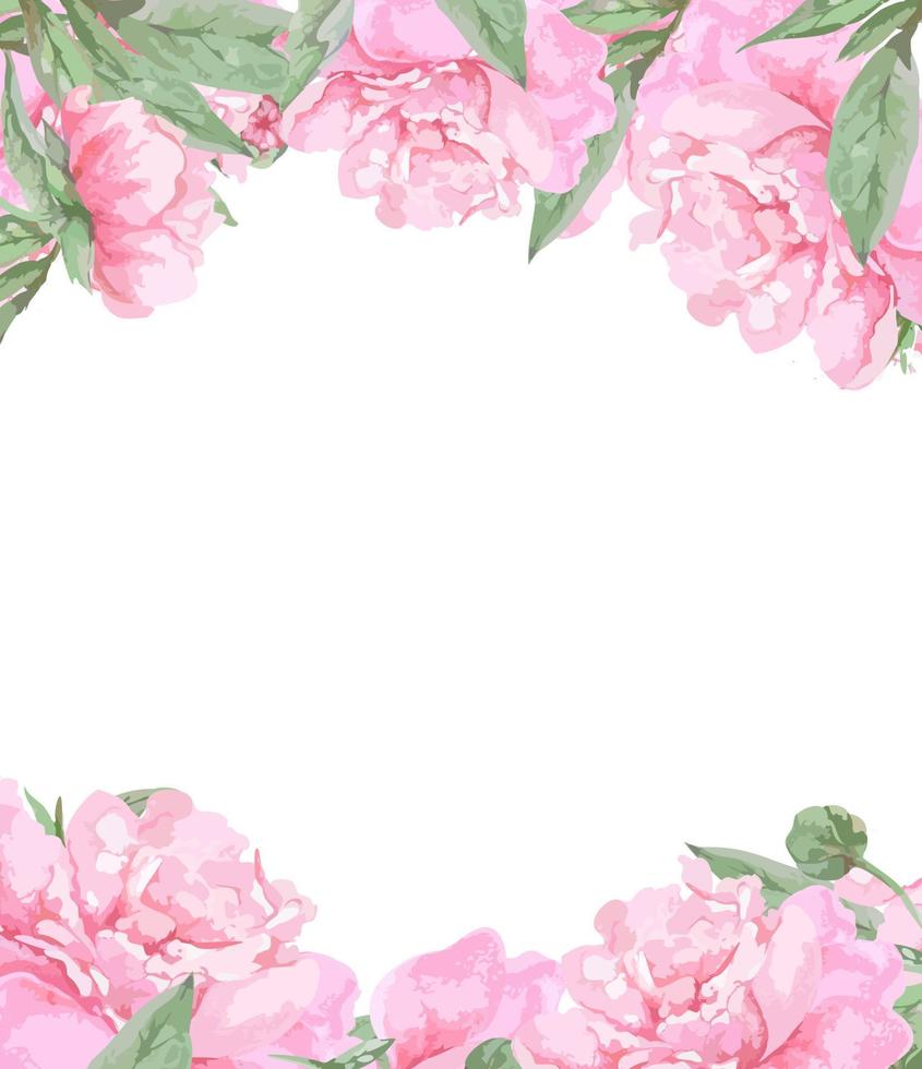 Frame of pink blooming peonies with buds and leaves. vector