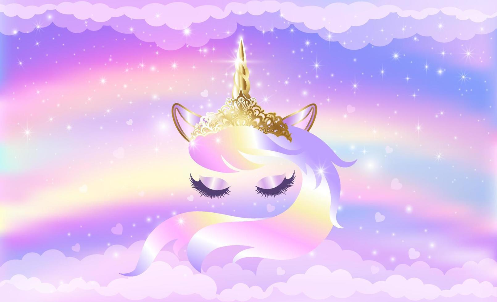 cara de unicornio con ojos cerrados y una larga melena sobre un fondo rosa iridiscente con destellos y estrellas. vector