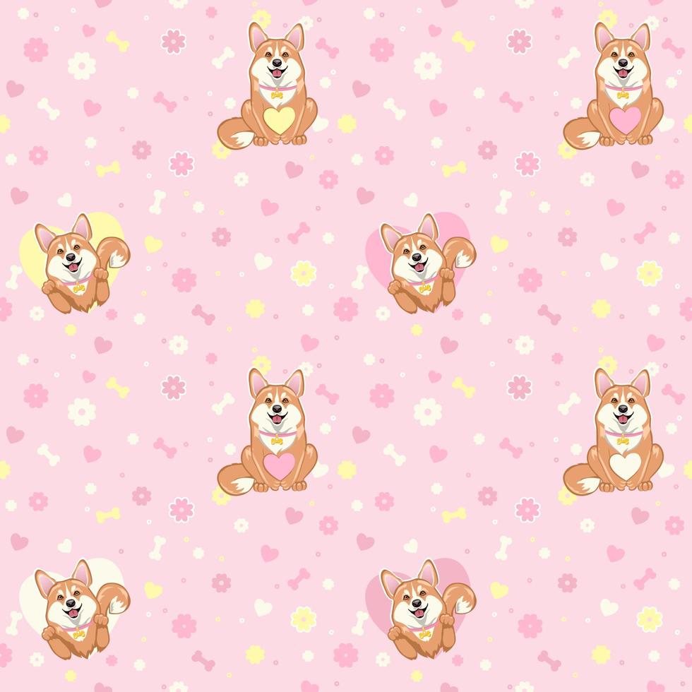 Simpless pattern with funny cute dogs, hearts, flowers and bones on a pink background. vector