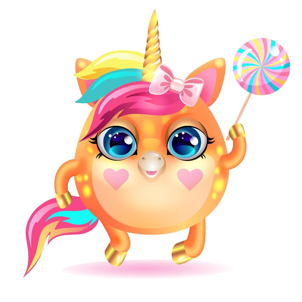 lindo unicornio con cuerno dorado y piruleta va a la fiesta. vector