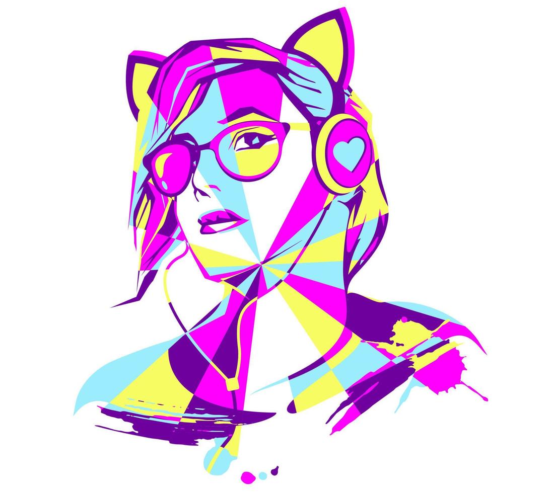 Portrait of a girl with headphones listening to music in a modern abstract style. Polygonal image. vector