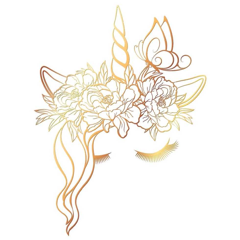 Vector unicorn face with closed eyes, butterfly and wreath of flowers. Gold outline isolated on a white background.