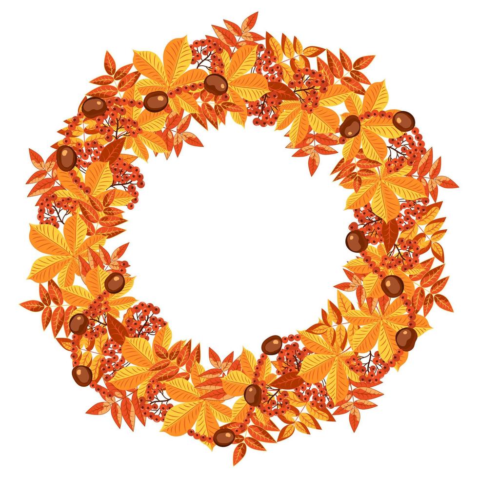 Autumn colorful round frame of leaves. Autumn yellow foliage of trees, red rowan berries collected in a wreath. vector