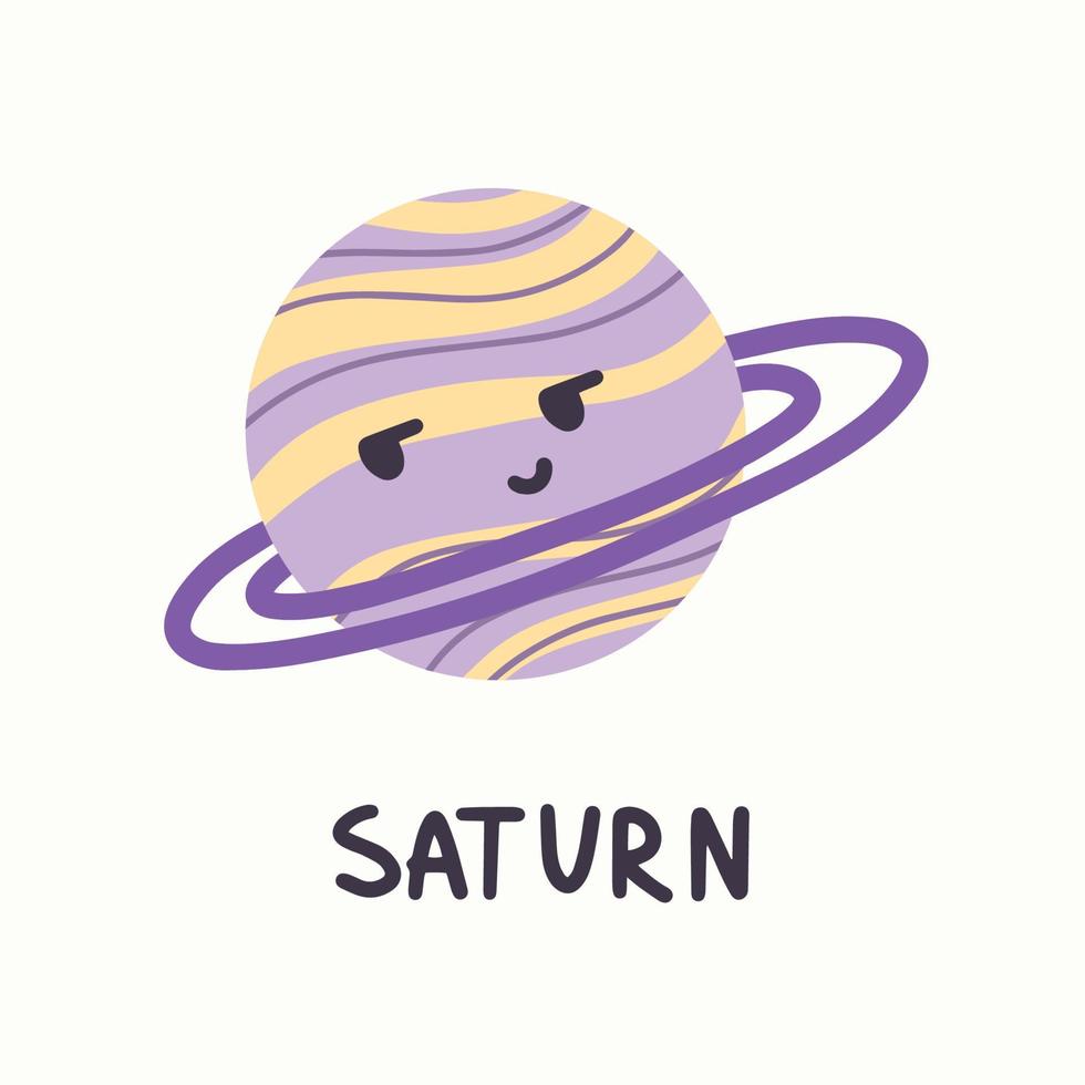 planeta saturno con cara en estilo de dibujos animados. tarjeta de felicitación con lindo planeta vector