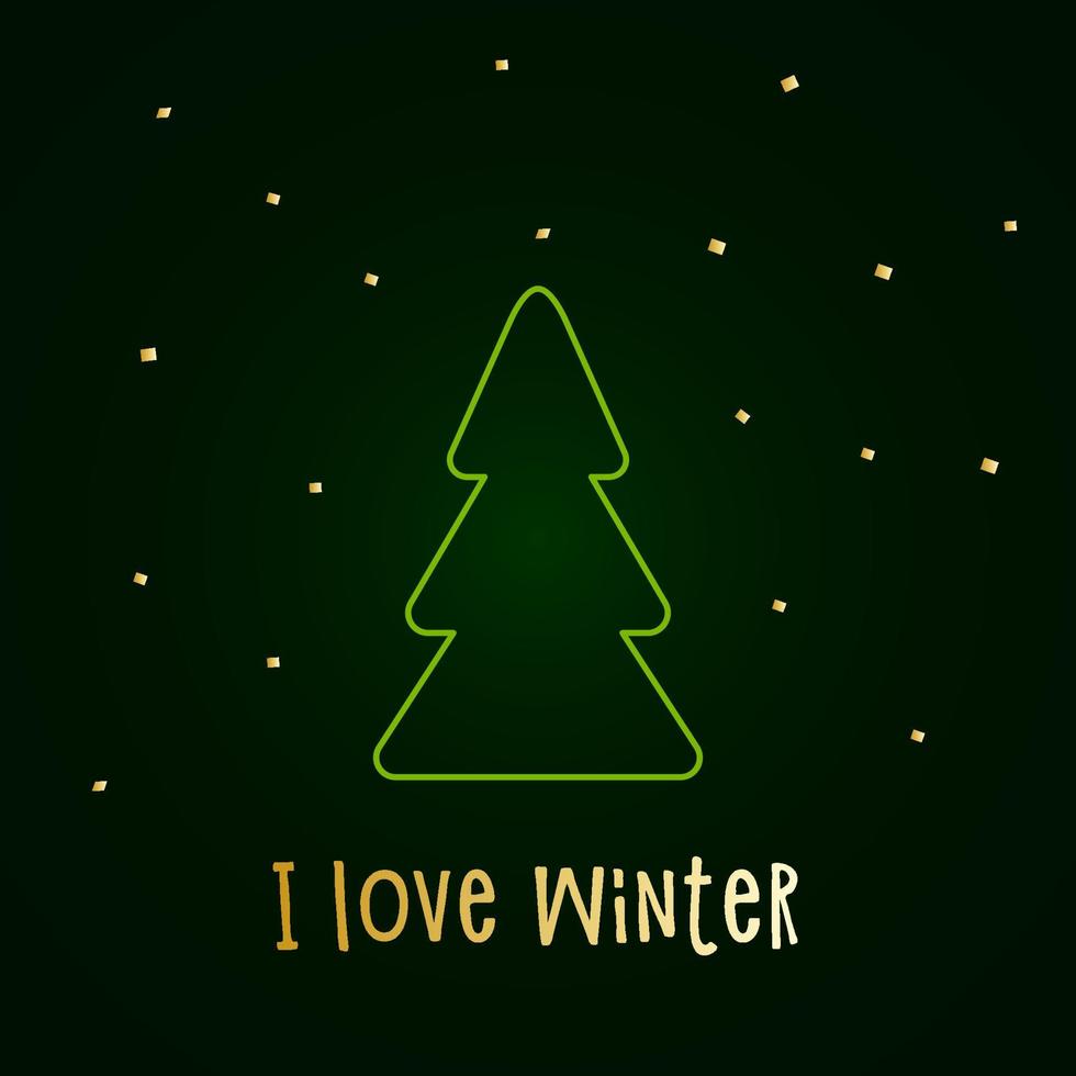 Green silhouette of a Christmas tree with snow. Merry Christmas and Happy New Year 2022. Vector illustration. I love winter.
