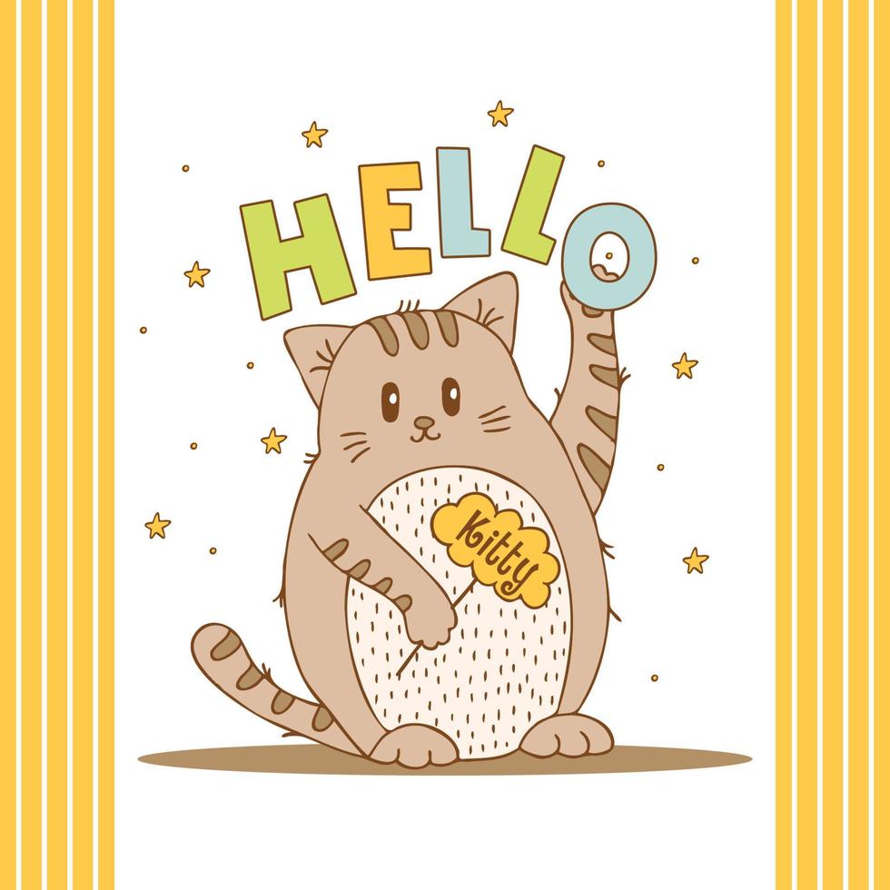 Hand drawn cute animals with lettering. Cat with word Hello. White background. Vector. vector