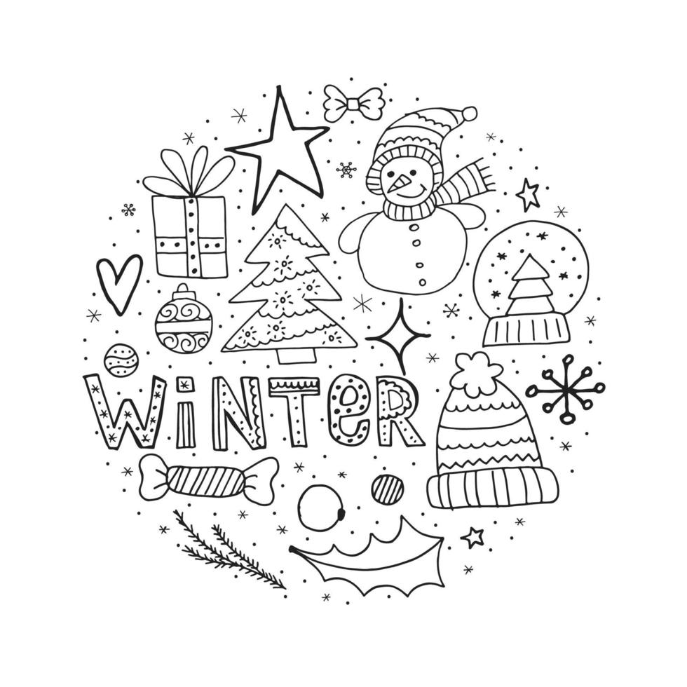 conjunto de elementos de doodle de invierno. objetos dibujados a mano en forma de círculo sobre un fondo blanco. feliz navidad y próspero año nuevo 2022. vector