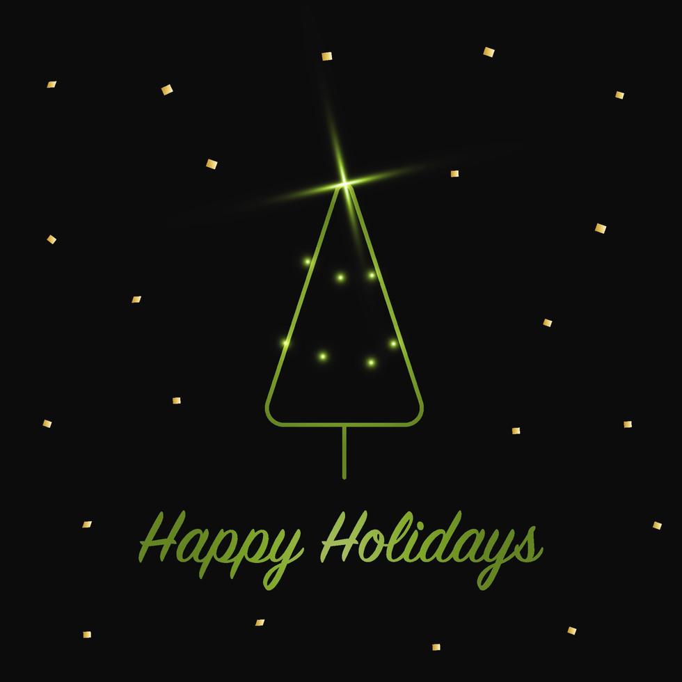 Sparkling Christmas Tree with shiny dust. Green Metallic outline icon on a dark background. Merry Christmas and Happy New Year 2022. Vector illustration. Happy Holidays.