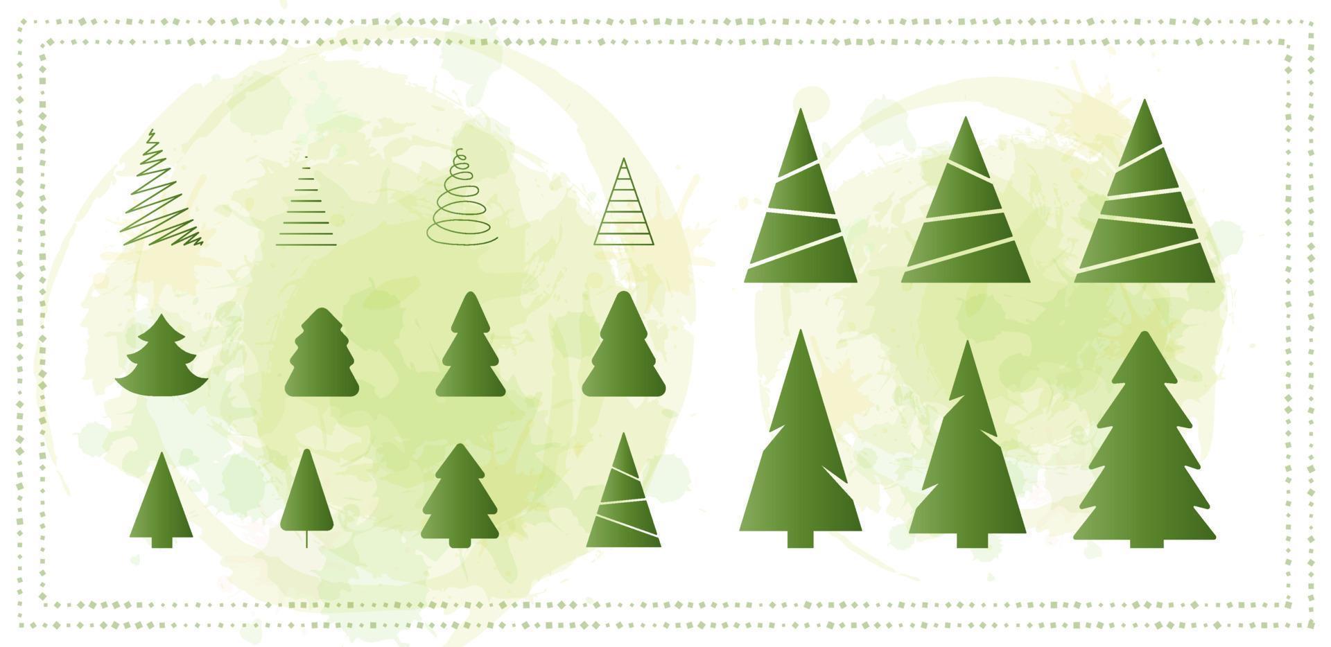 Christmas Trees - set of 18 green icons. Merry Christmas and Happy New Year 2022. Vector illustration.