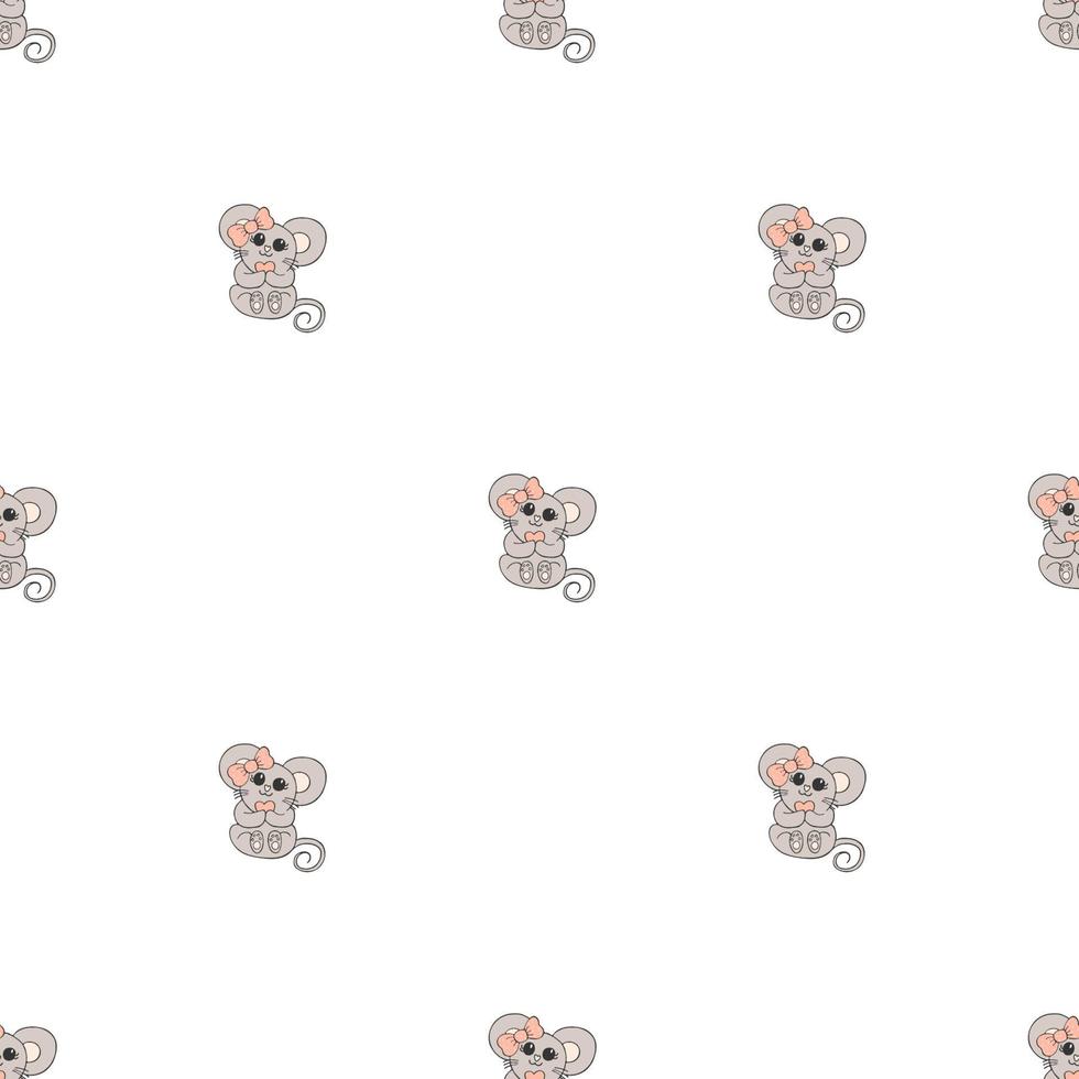 Hand drawn cute animals. Seamless pattern. A mouse with a pink bow and a heart. White background. Vector. vector
