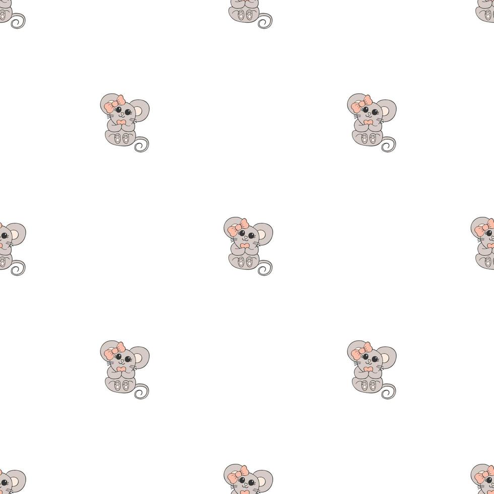 Hand drawn cute animals. Seamless pattern. A mouse with a pink bow and a heart. White background. Vector. vector