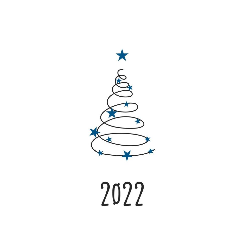 Black silhouette of a Christmas tree with snowflakes. Merry Christmas and Happy New Year 2022. Vector illustration.