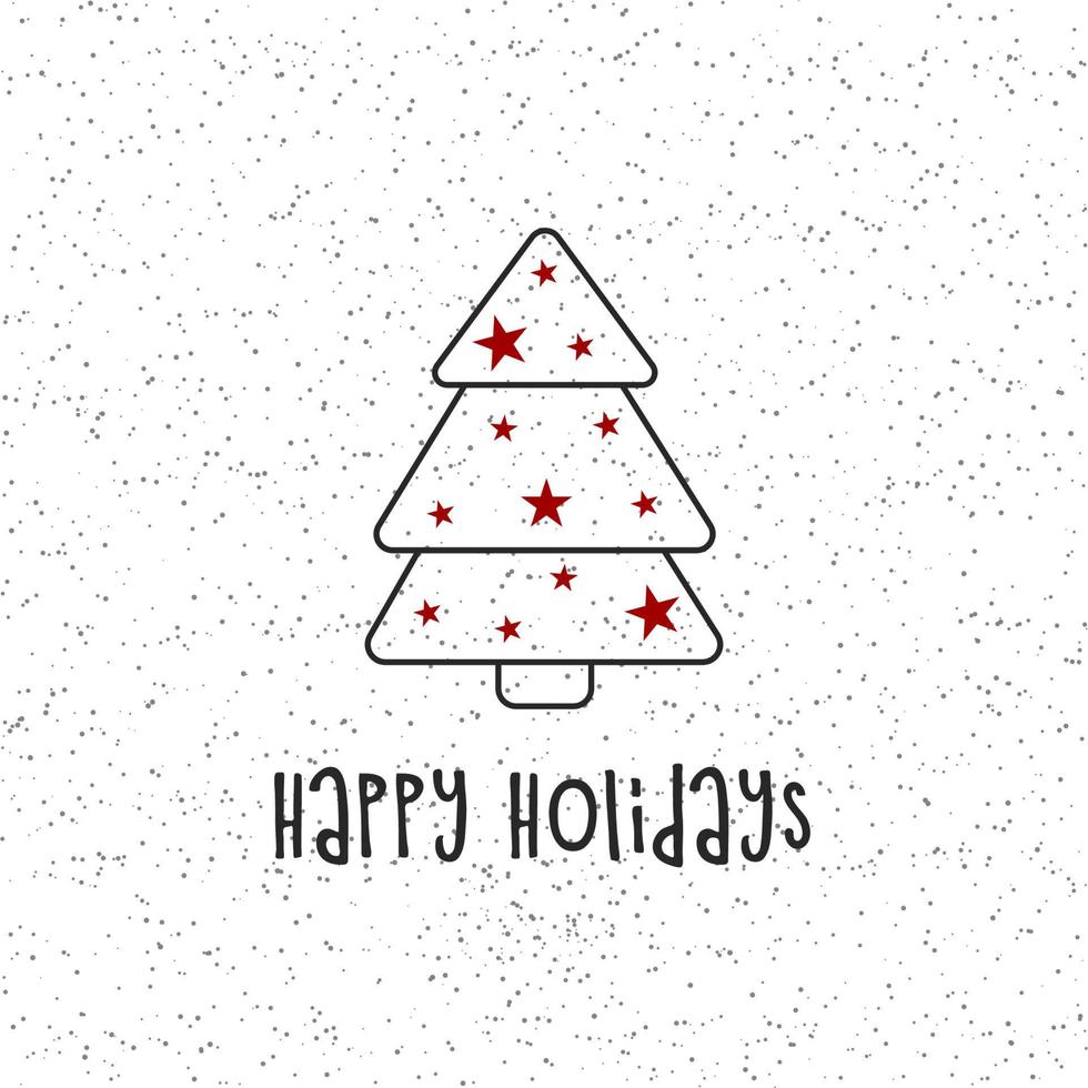 Black silhouette of a Christmas tree with gray snow and red stars. Merry Christmas and Happy New Year 2022. Vector illustration. Happy Holidays.