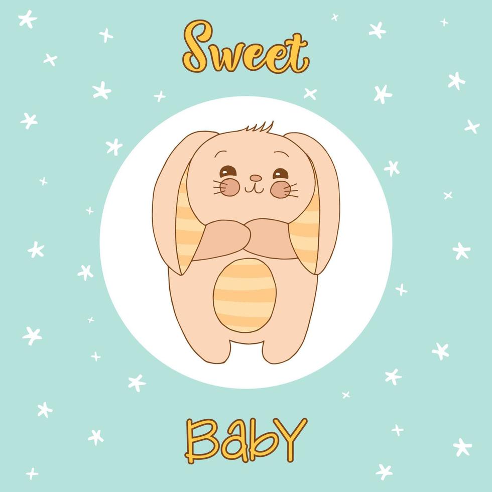 animales lindos dibujados a mano con letras. un conejito con orejas rayadas y barriga. dulce Bebe. vector. vector