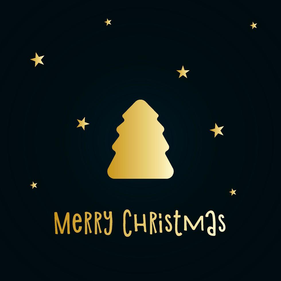 Golden silhouette of a Christmas tree with snow and stars on a dark blue background. Merry Christmas and Happy New Year 2022. Vector illustration.
