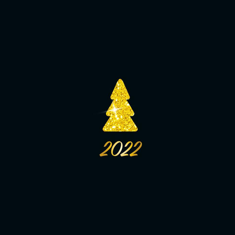 Sparkling Christmas Tree. Golden Metallic glitter icon on a dark blue background. Merry Christmas and Happy New Year 2022. Vector illustration.