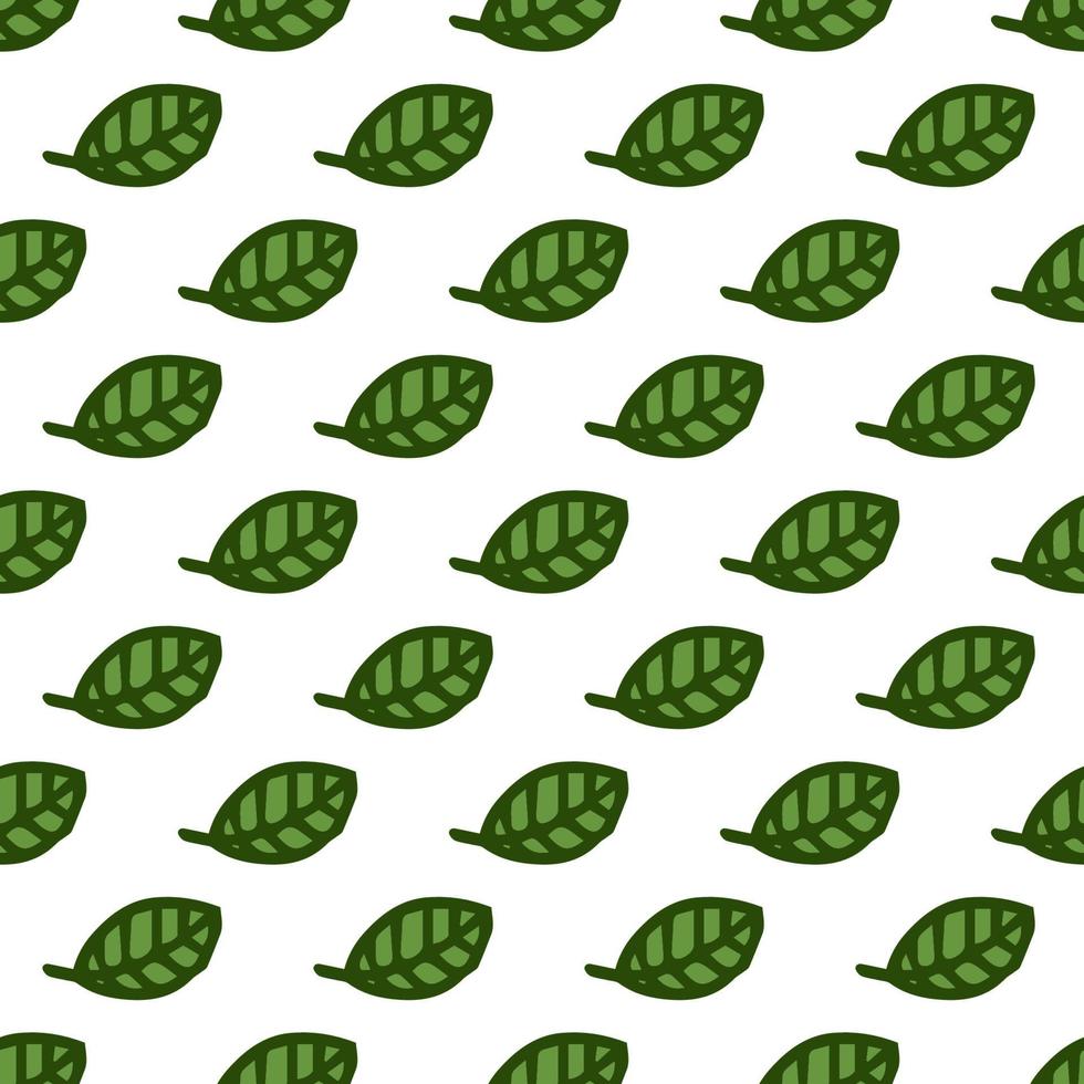 Seamless pattern. Doodle style hand drawn. Nature elements. Vector illustration. Green leaves on a white background.
