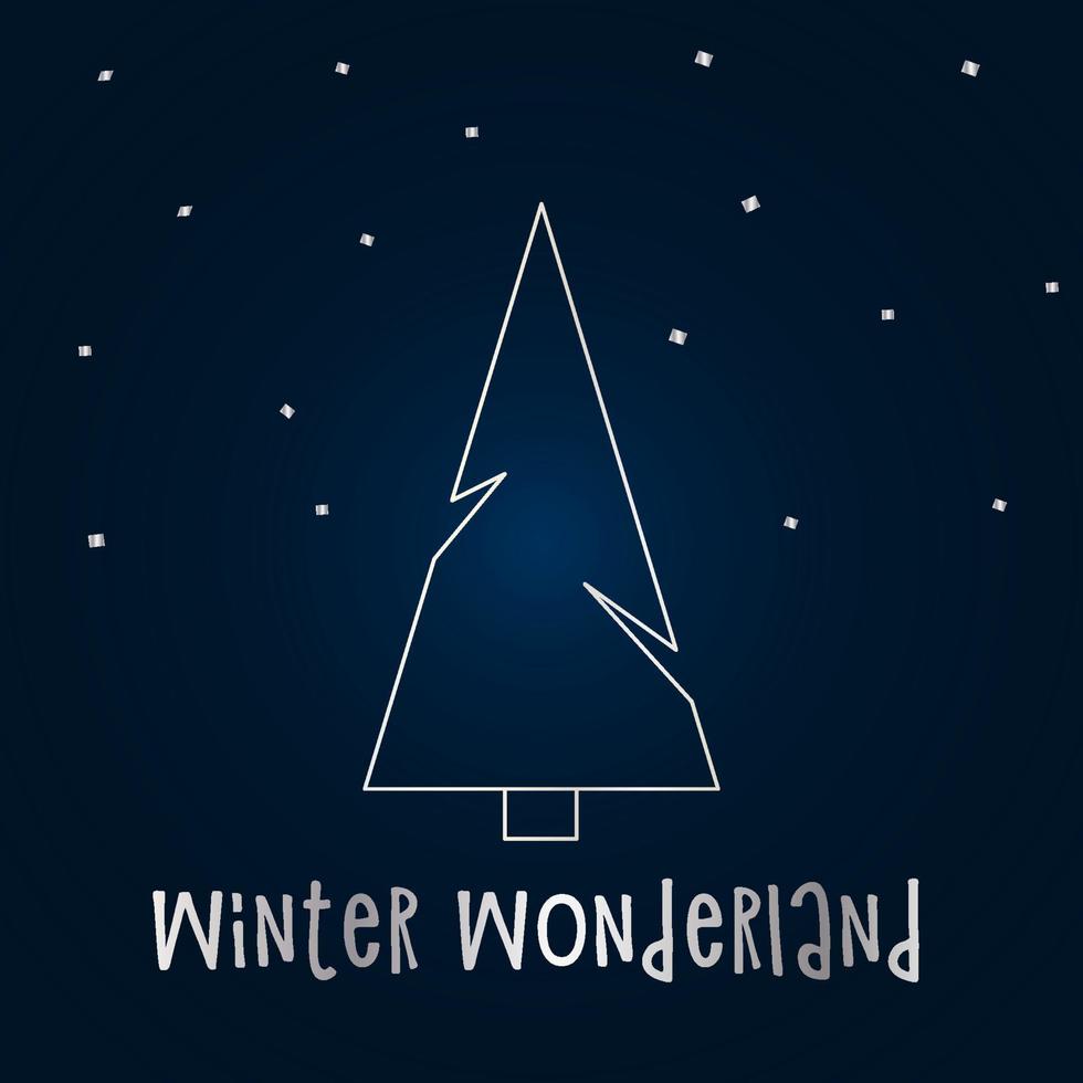 Silver silhouette of a Christmas tree with snow on a dark blue background. Merry Christmas and Happy New Year 2022. Vector illustration. Winter Wonderland.