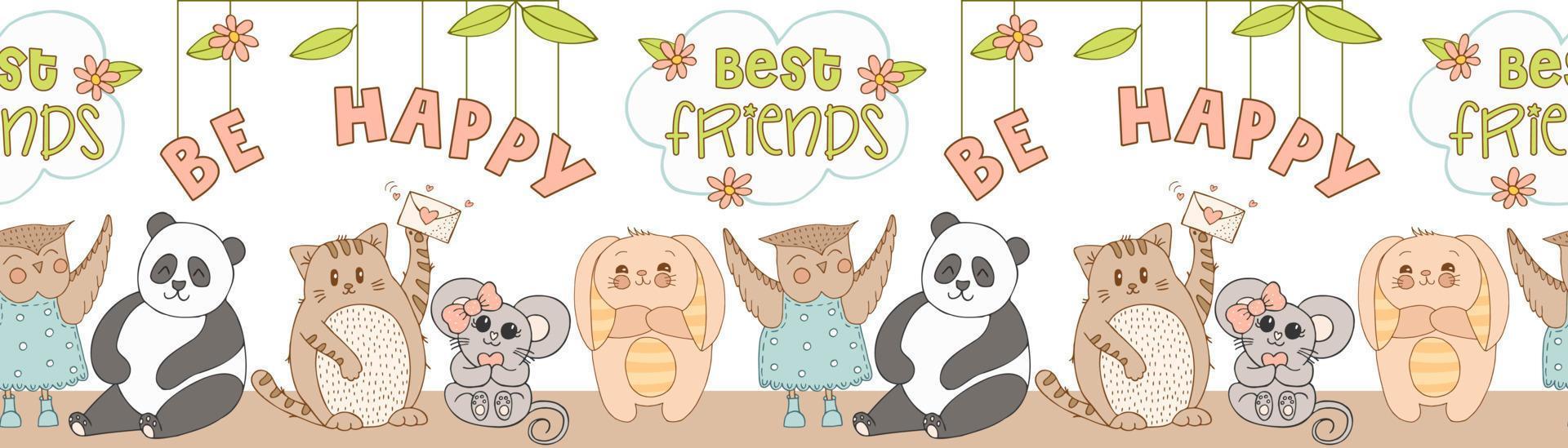 Hand drawn cute animals with lettering. Cat, Panda, Bunny with striped ears and a belly, Mouse with a pink bow and a heart, Owl in a blue dress with polka dots and boots. Be Happy. White background. vector