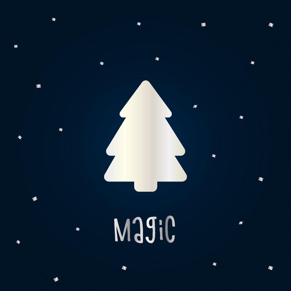 Silver silhouette of a Christmas tree with snow on a dark blue background. Merry Christmas and Happy New Year 2022. Vector illustration. Magic.
