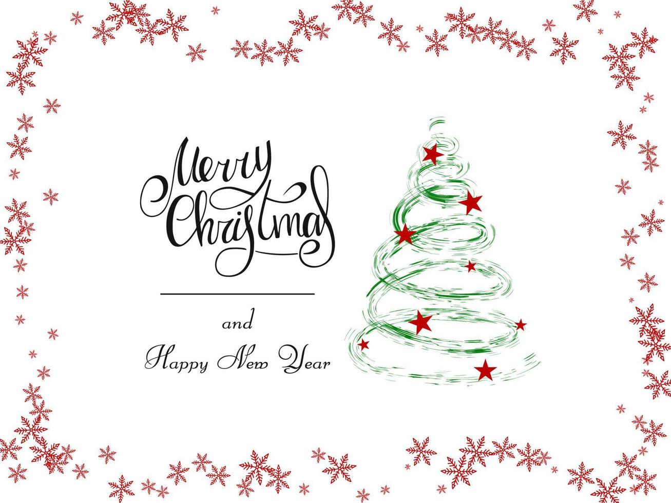 Handwritten black lettering on a white background. Magic green spiral Christmas tree with red stars and red snowflakes. Merry Christmas and Happy New Year 2022. vector