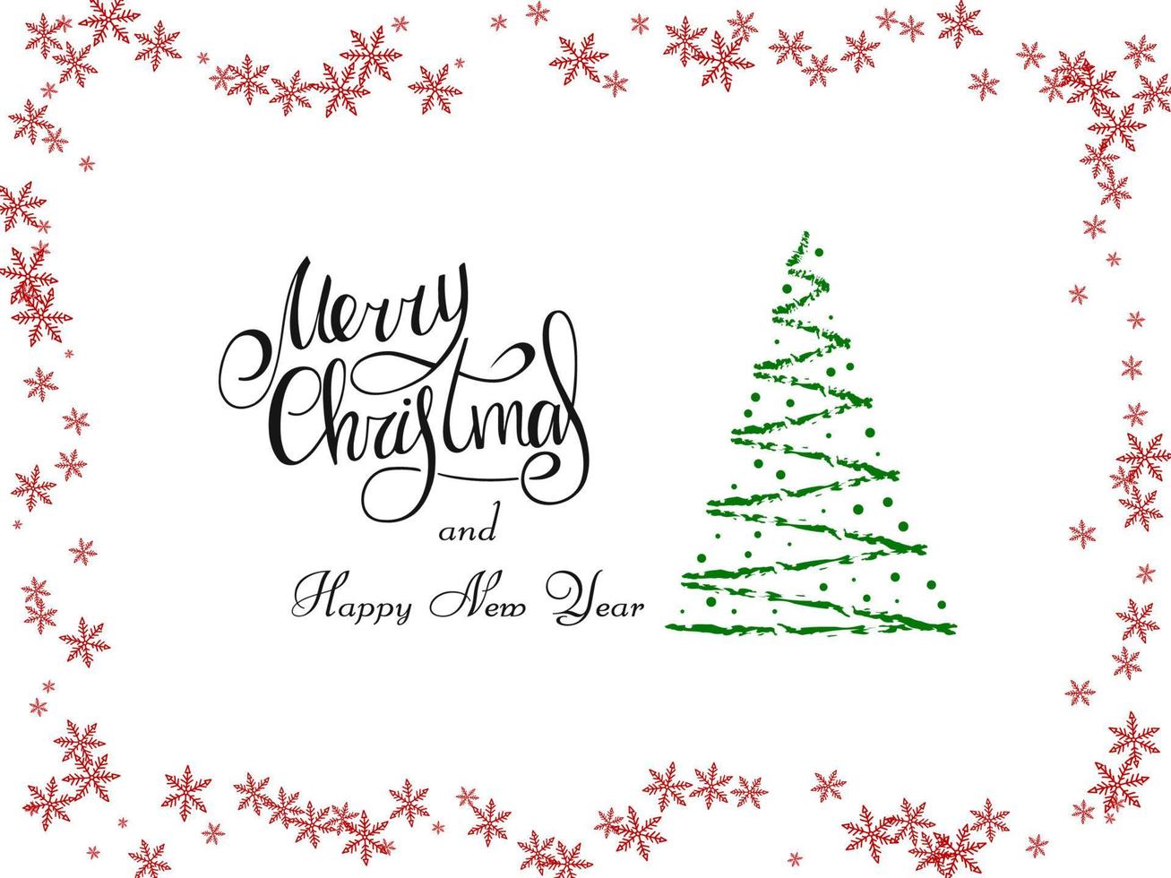 Handwritten black lettering on a white background. Magic green Christmas tree made of brush strokes with red snowflakes. Merry Christmas and Happy New Year 2022. vector
