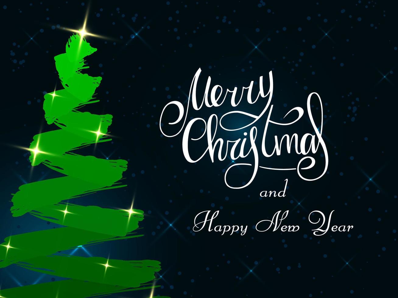 Handwritten white lettering on a dark blue background. Magic white Christmas tree made of brush strokes with sparcles stars. Merry Christmas and Happy New Year 2022. vector